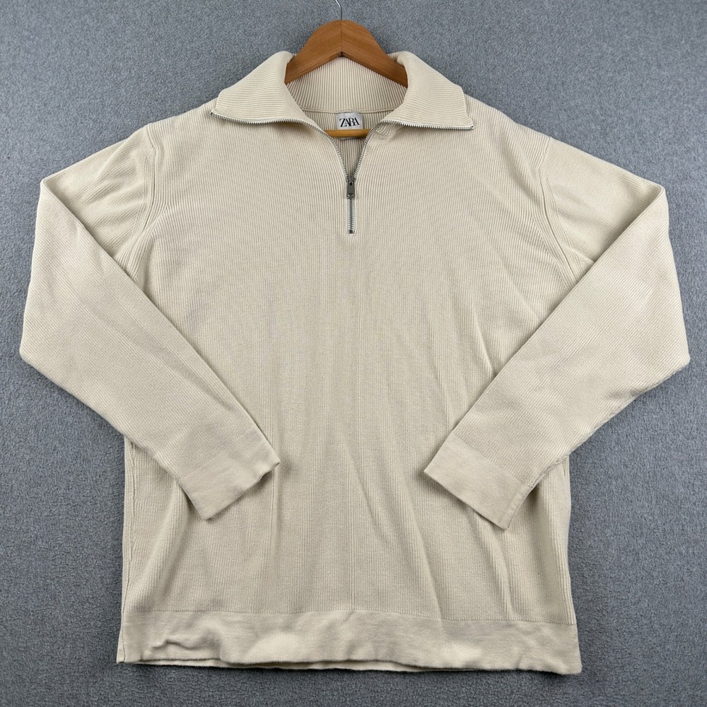 Zara Sweater Mens XL Quarter Zip Cream Ribbed Knit Pullover